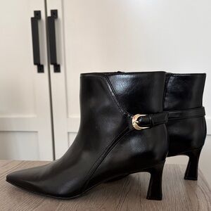Black Pointed Ankle Heeled Boots with Gold Buckle